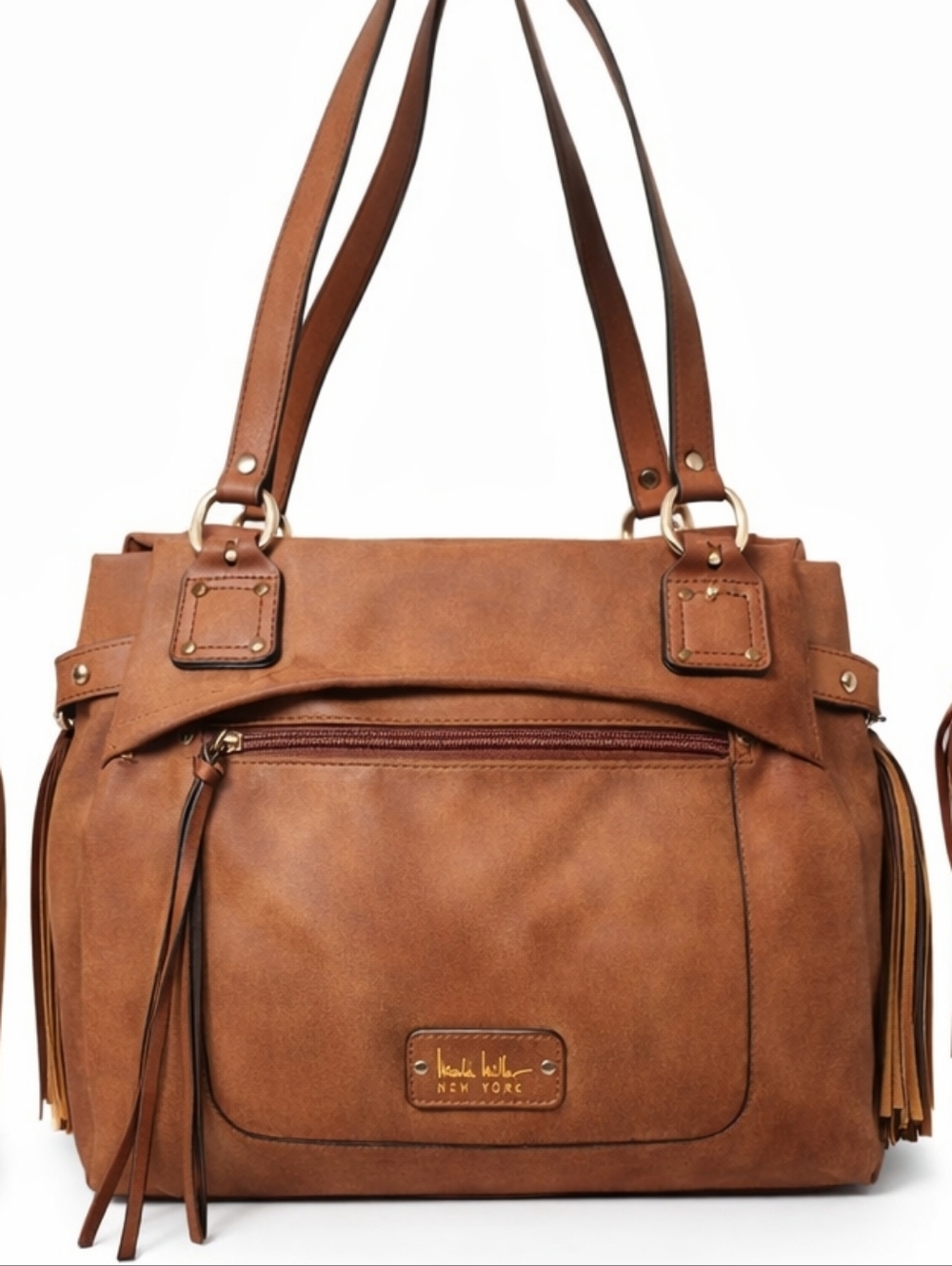 Nicole Miller New York Brown Fringe Satchel Shoulder Bag Boho Faux Leather